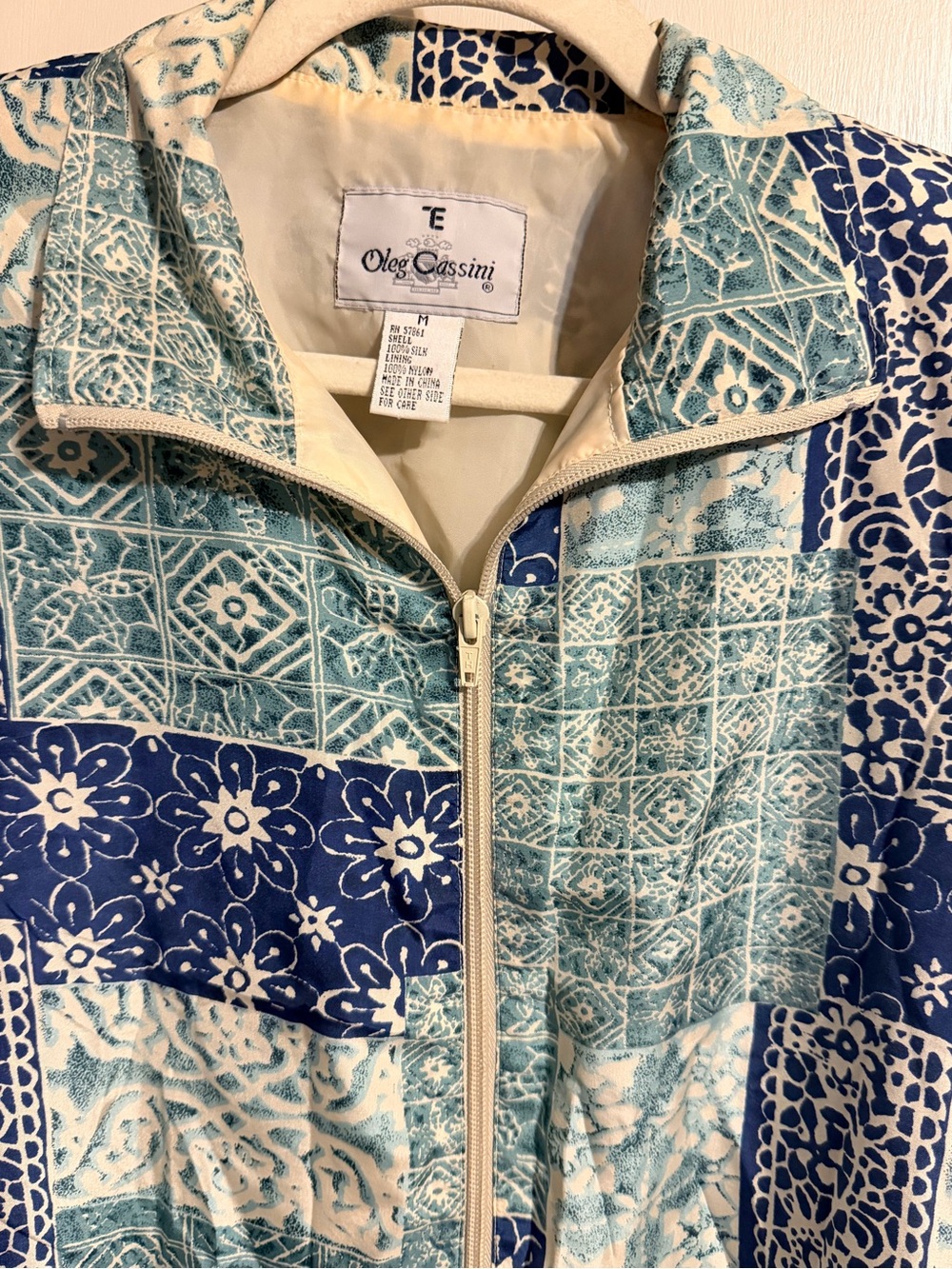 Vintage Oleg Cassini 100% Silk Patchwork Bomber Jacket Blue Teal Zip Medium - Picture 6 of 12